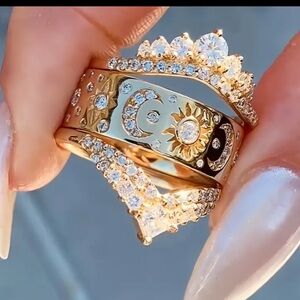 Celestial Moon Sun Bridal Wedding Ring Set Gold Crown Halo Size 6 NWT
